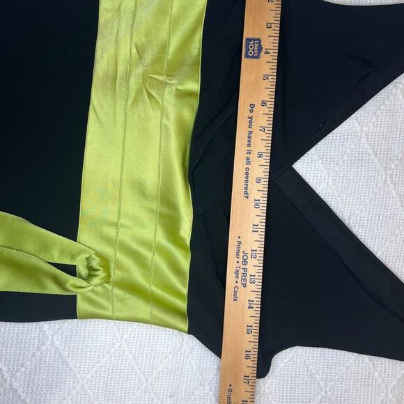 Kay Unger NY Black V-Neck Midi Sheath Sleeveless Cocktail Dress Green Satin Sash - Picture 6 of 12